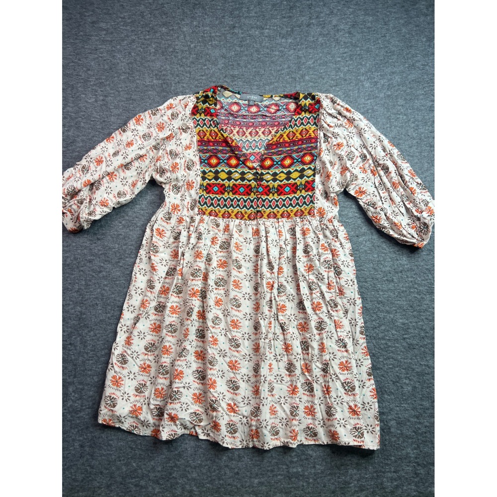 Umgee USA Boho Tribal Print Babydoll Dress Peasant Sleeve Floral Cream Small